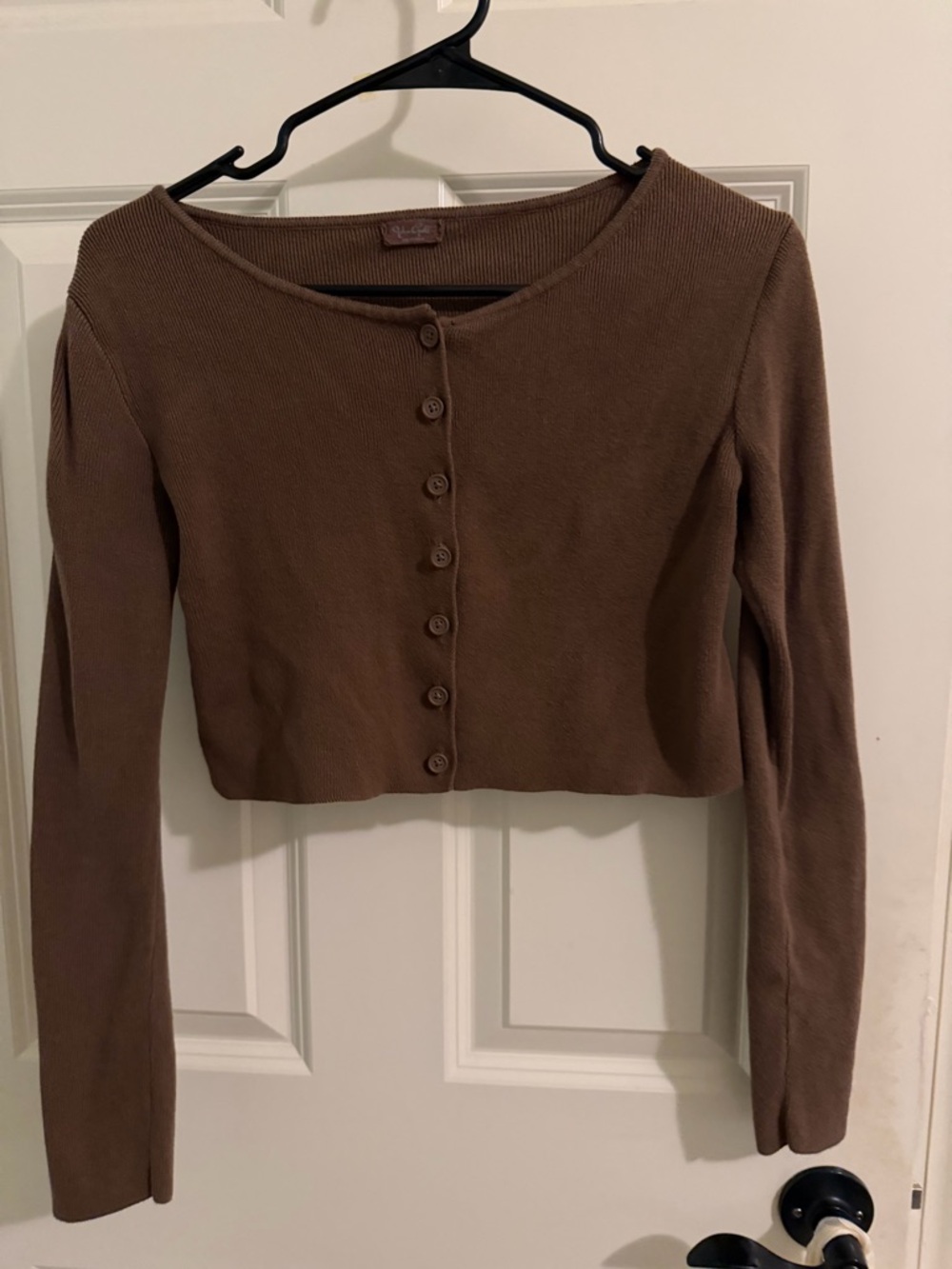 John Galt Cropped Button-Front Ribbed Top in Brown